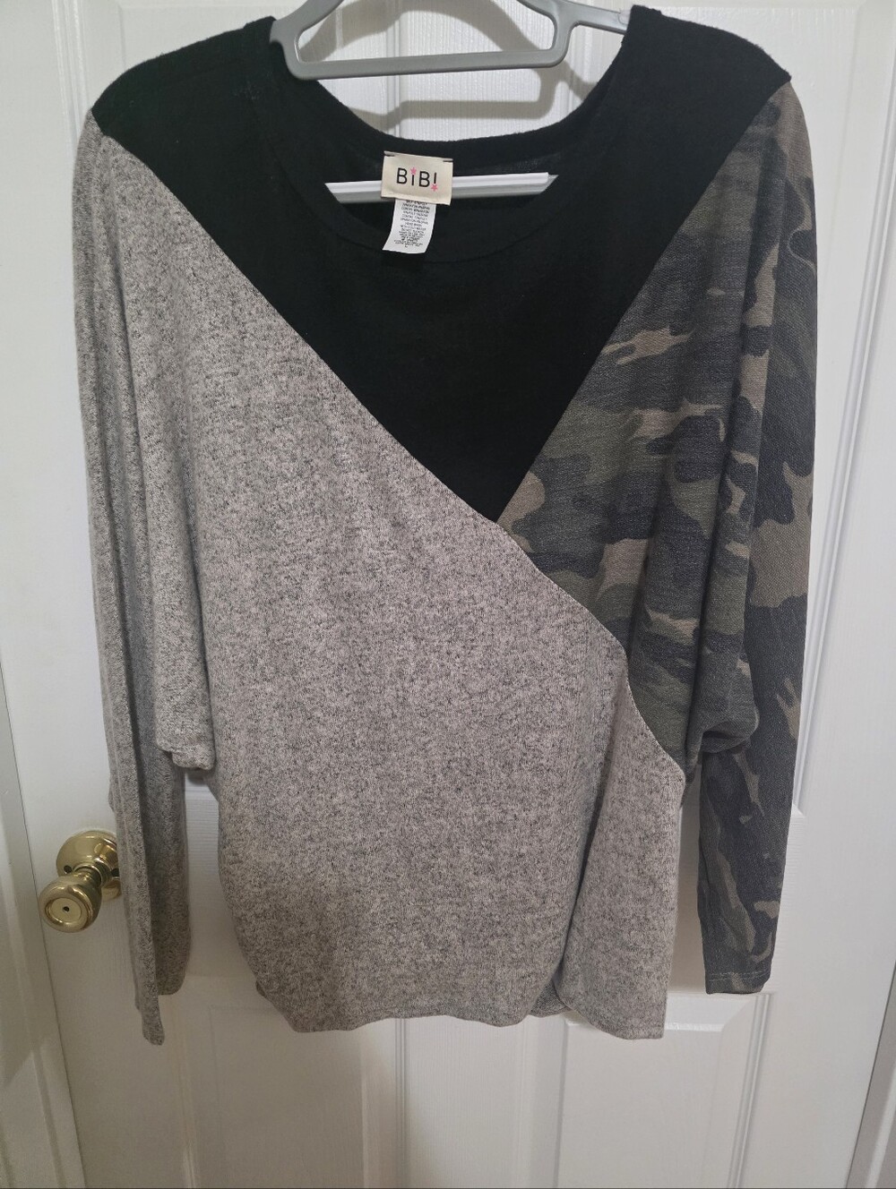 BiBi Colorblock Pullover Sweater - Gray & Black with Camo Accent NEW